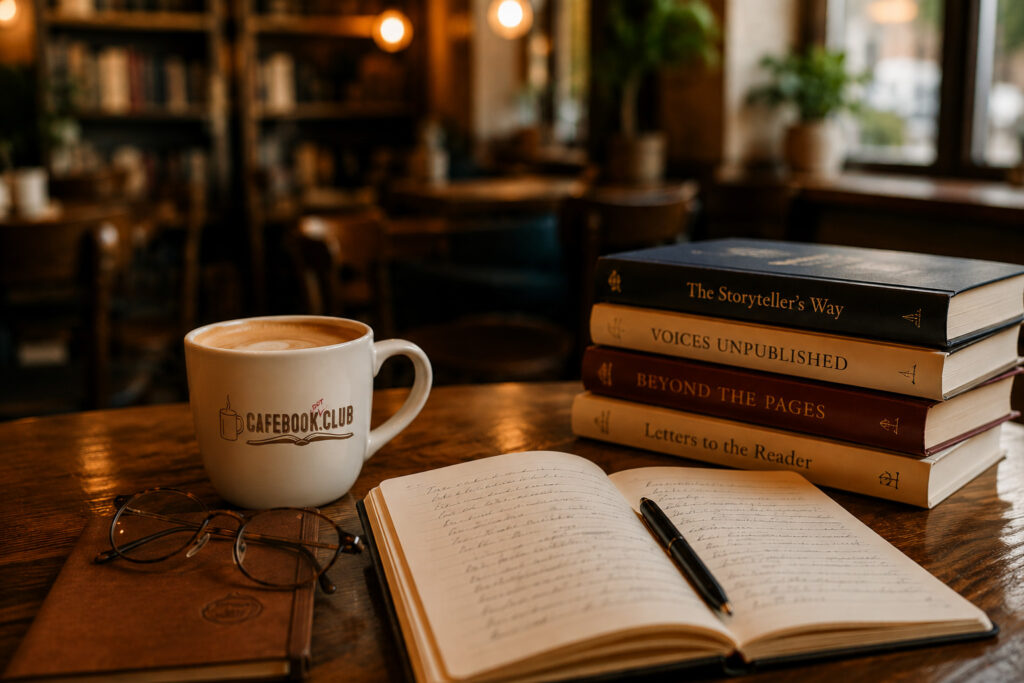 Cafe Book Club mug on a desk with a journal and a stack of books